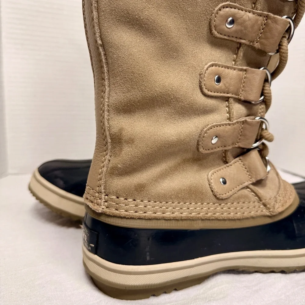 Sorel Joan of Arctic Boots Women 6.5 Waterproof Snow Faux Fur Camel Navy NL3481